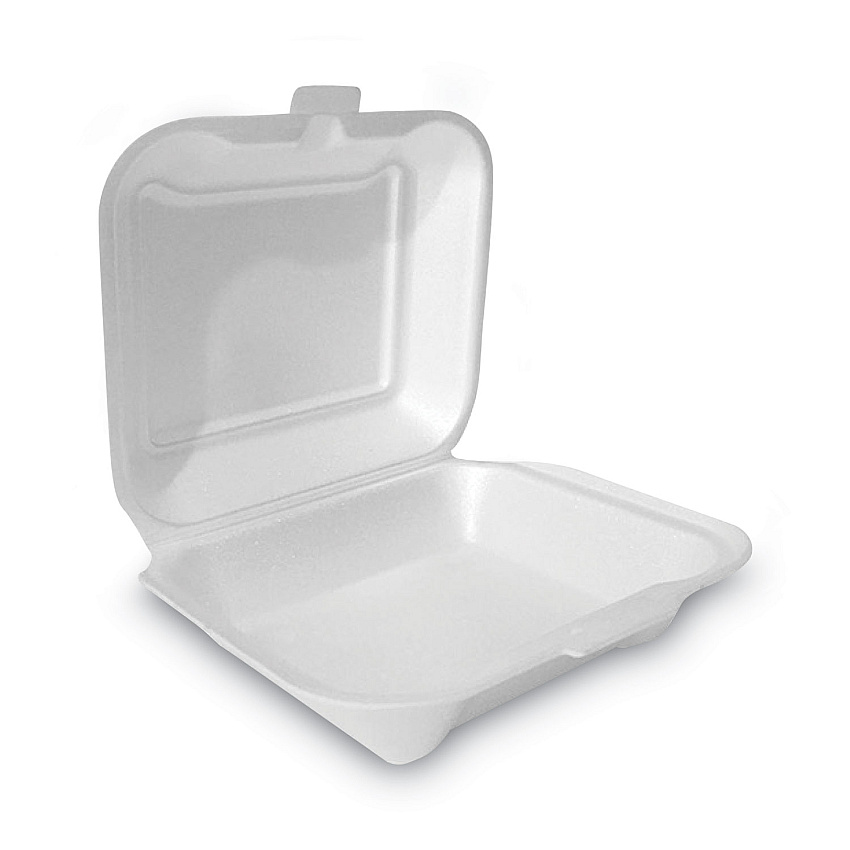 Plastifar Foam Hinged Lid Container, Secure One Tab Latch, Poly Bag, 7.81 x 8.75 x 3.38, White, 100/Sleeve, 2 Sleeves/Bag, 1 Bag/Pack (12018)