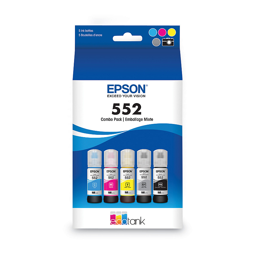 Epson T552920S (T552) Claria High-Yield Ink, 70 mL, Black/Cyan/Gray/Magenta/Yellow, 5/Pack