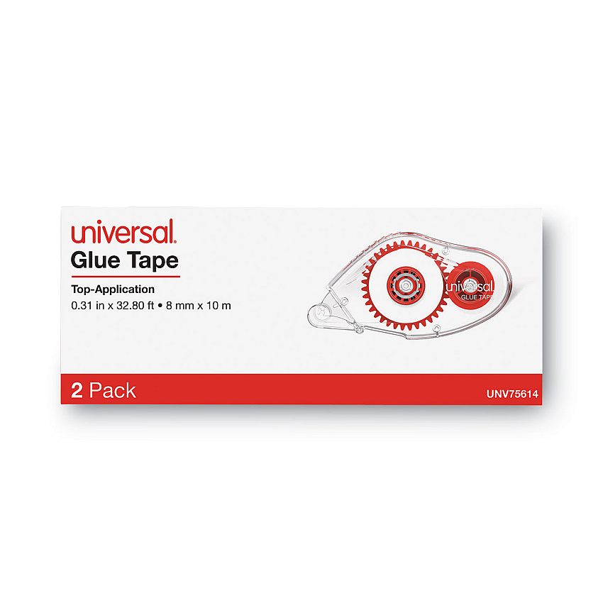 Universal Double-sided Adhesive Tape Roller, 0.31" x 32.8 ft, Dries Clear, 2/Pack (UNV75614)