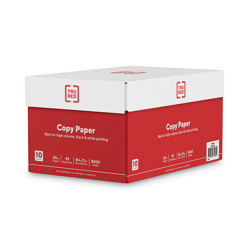 TRU RED Printer Paper, 92 Bright, 20 lb Bond Weight, 8.5 x 11, 500 Sheets/Ream, 10 Reams/Carton (135848)
