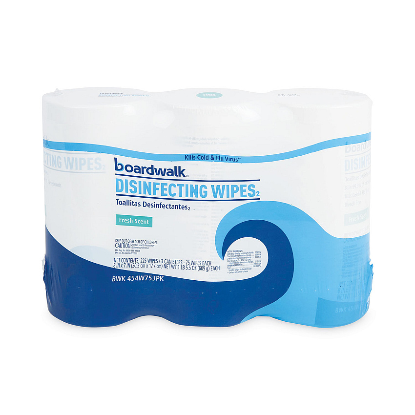 Boardwalk&reg; Disinfecting Wipes, Fresh, 75 Count, 3 Canisters (BWK454W753PK)