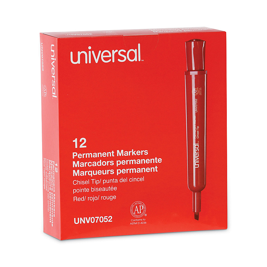 Universal Chisel Tip Permanent Marker, Broad Chisel Tip, Red, Dozen (UNV07052)