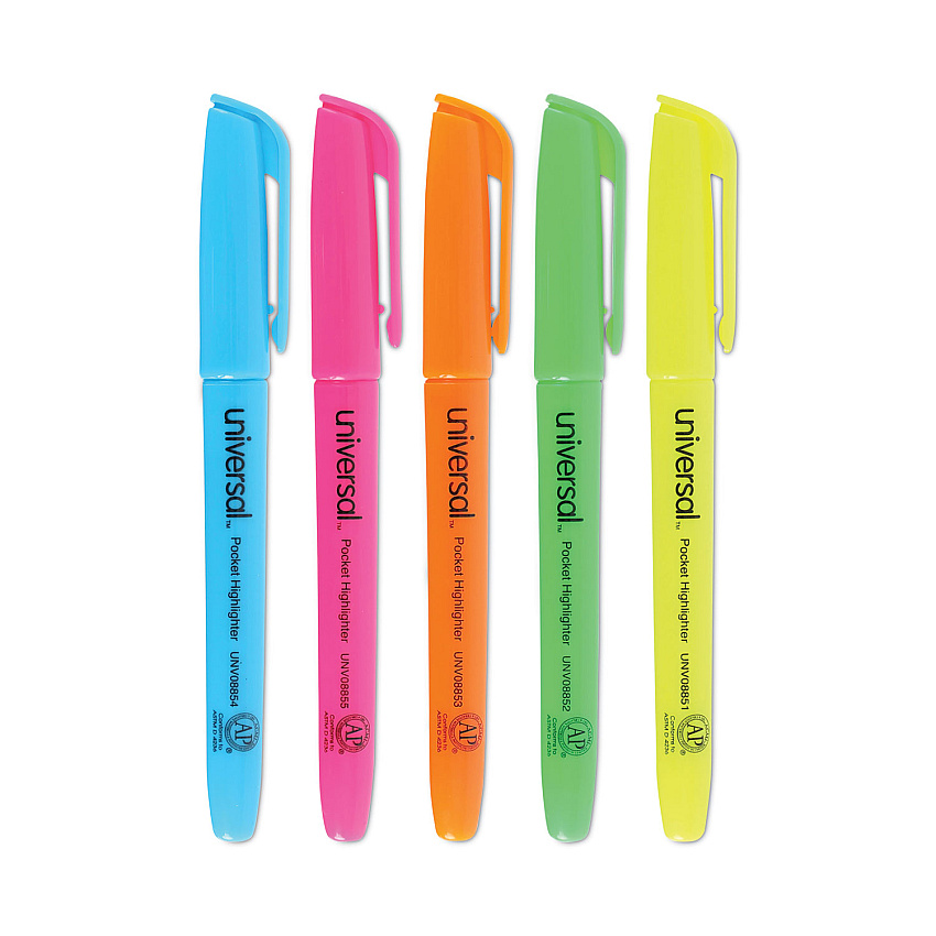 Universal Pocket Highlighters, Assorted Ink Colors, Chisel Tip, Assorted Barrel Colors, 5/Set (UNV08850)