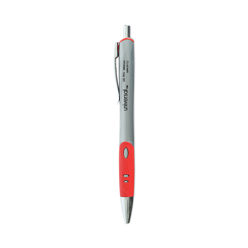 Universal Comfort Grip Gel Pen, Retractable, Medium 0.7 mm, Red Ink, Gray/Red/Silver Barrel, Dozen (UNV39722)
