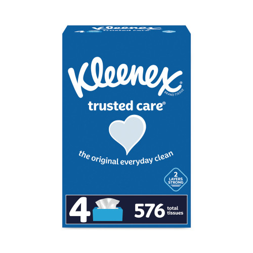 Kleenex Trusted Care Facial Tissue, 2Ply, White, 144 Sheets/Box, 4