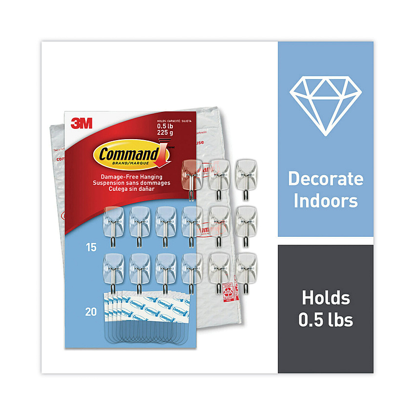 Command Small Wire Hooks, Small, Plastic/Metal, Clear, 0.5 lb Capacity, Clear, 15 Hooks and 20 Strips/Pack (17067CLR15NA)