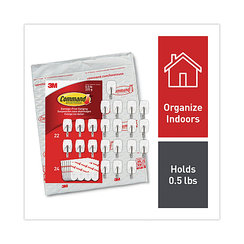 Command Small Wire Hooks, Small, Plastic/Metal, White, 0.5 lb Capacity, 22 Hooks and 24 Strips/Pack (1706722NA)