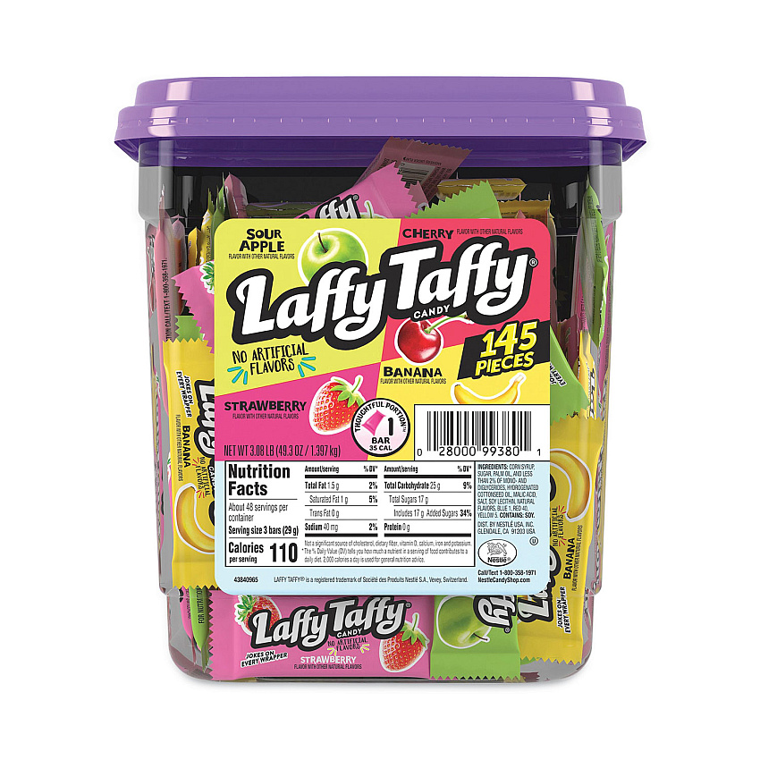 Nestle Laffy Taffy, Assorted Flavors, 3.08 lb Tub, 145 Wrapped Pieces/Tub (20900119)