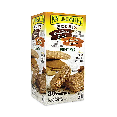 Nature Valley Biscuits, Cinnamon with Almond Butter/Honey with Peanut Butter, 1.35 oz Pouch, 30/Carton (22001046)