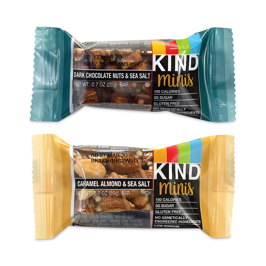 KIND Minis, Dark Chocolate Nuts Sea Salt/Caramel Almond Nuts Sea Salt, 0.7 oz Bar, 32 Bars/Carton (22000799)