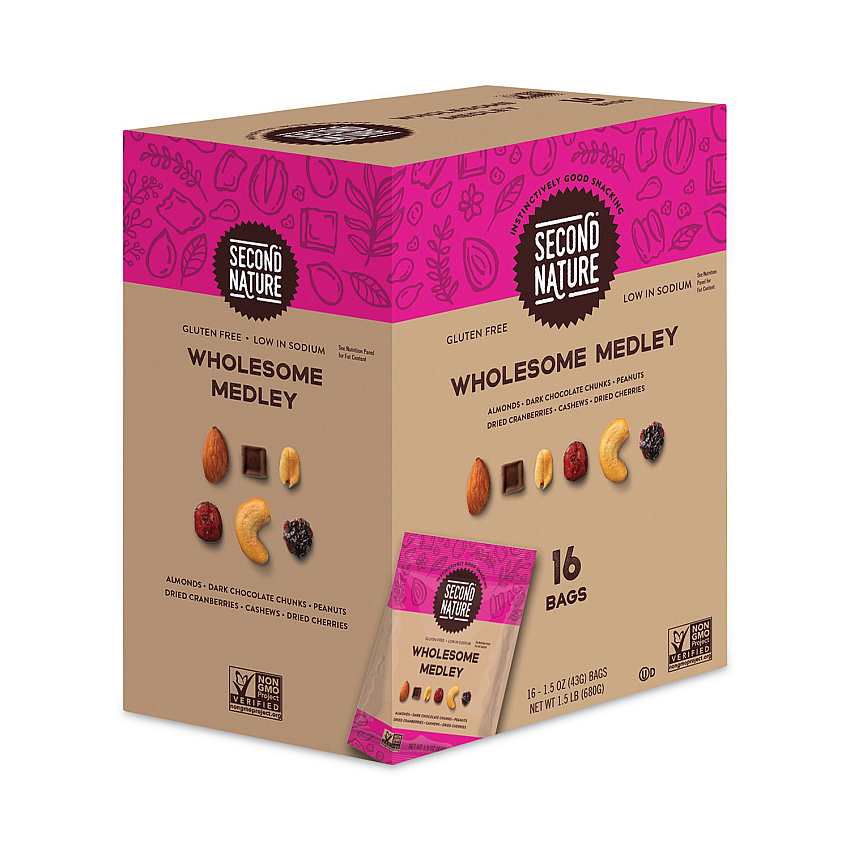 Second Nature Wholesome Medley Trail Mix, 1.5 oz Bag, 16 Bags/Carton (28800013)