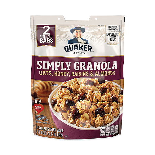 Quaker Simply Granola, Oats, Honey, Raisins and Almonds, 34.5 oz Bag, 2 Bags/Pack (22000734)