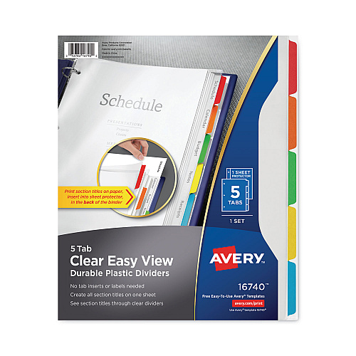 Avery Clear Easy View Plastic Dividers with Multicolored Tabs and Sheet Protector, 5-Tab, 11 x 8.5, Clear, 1 Set (16740)