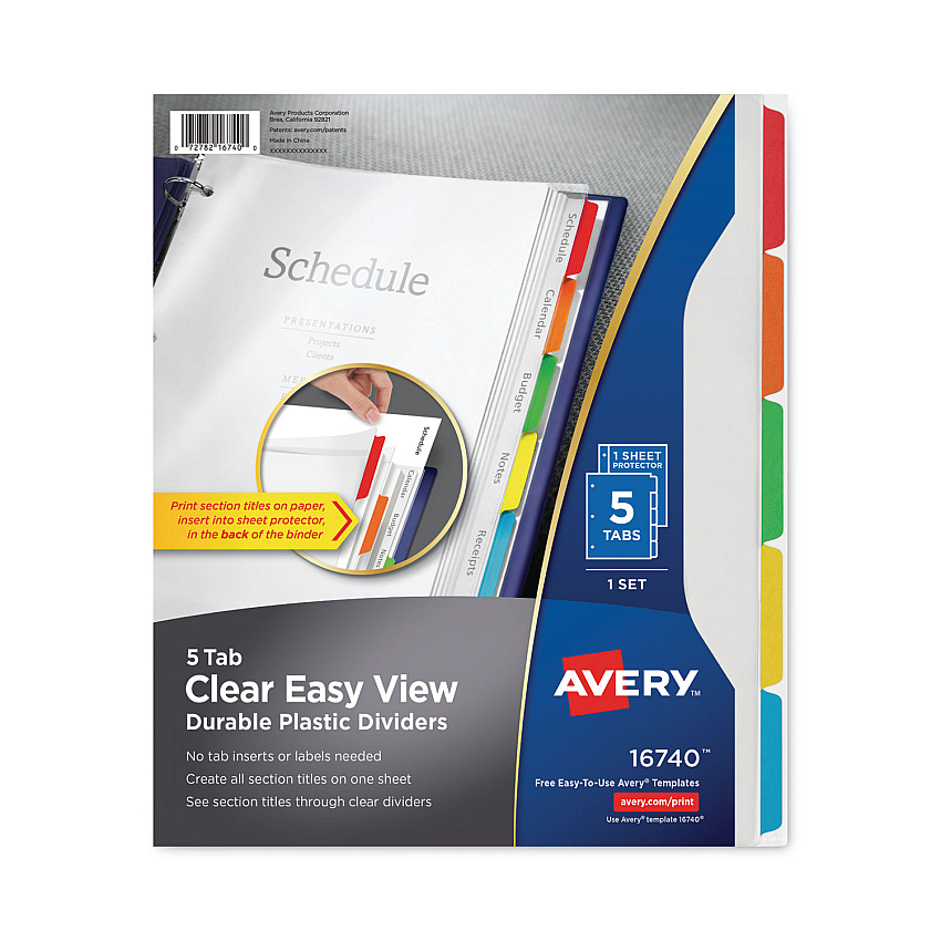 Avery Clear Easy View Plastic Dividers with Multicolored Tabs and Sheet Protector, 5-Tab, 11 x 8.5, Clear, 1 Set (16740)