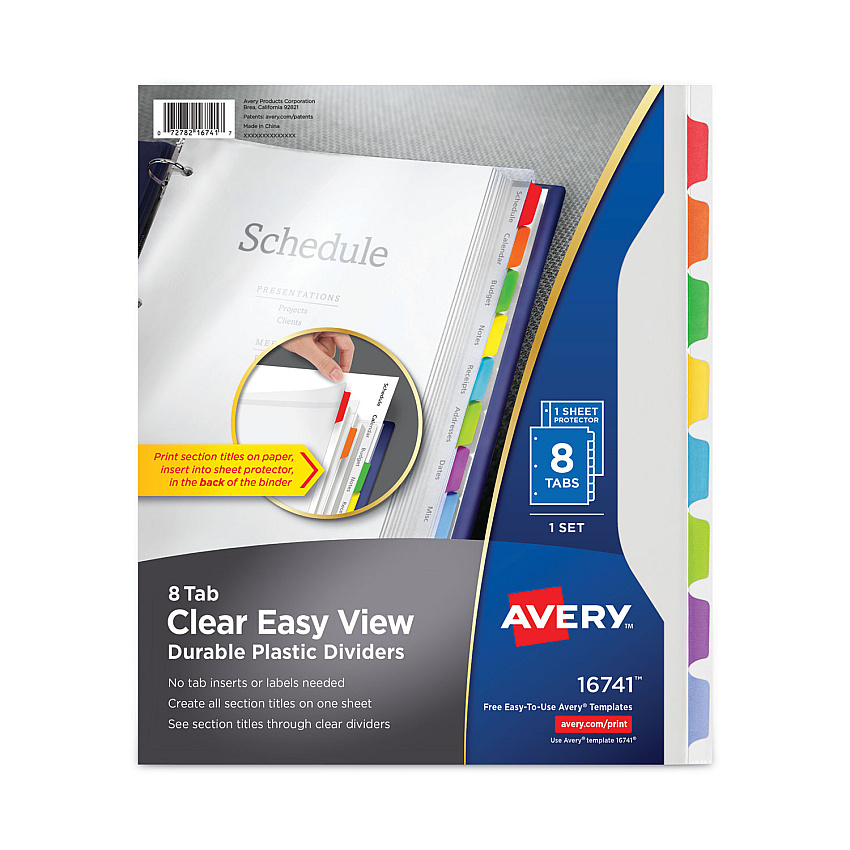 Avery Clear Easy View Plastic Dividers with Multicolored Tabs and Sheet Protector, 8-Tab, 11 x 8.5, Clear, 1 Set (16741)