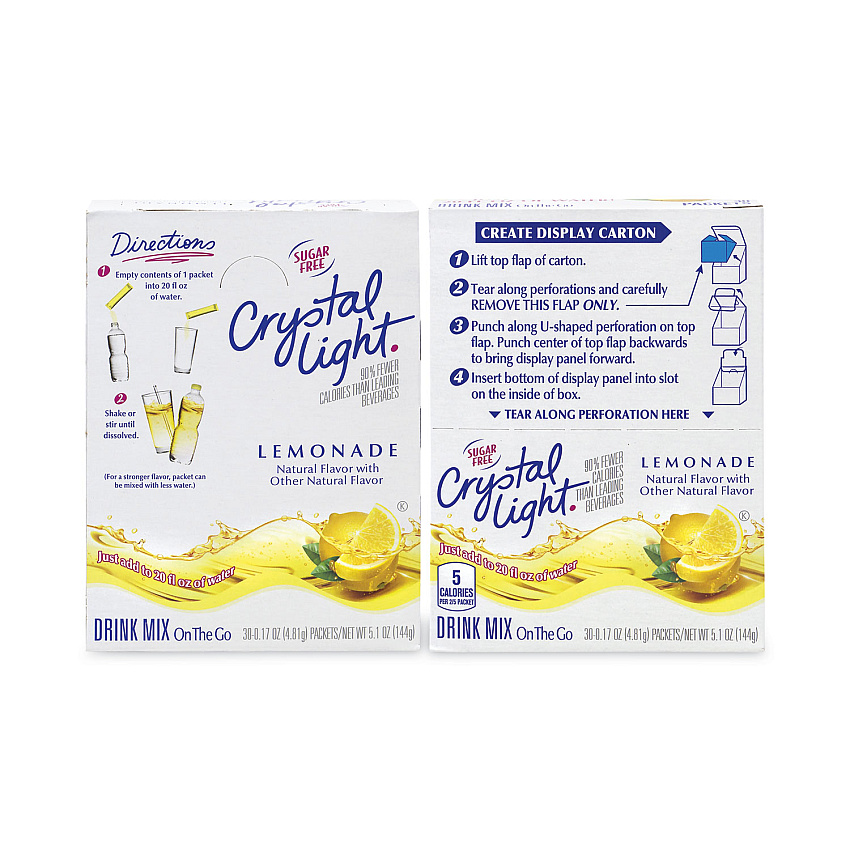 Crystal Light On-The-Go Sugar-Free Drink Mix, Lemonade, 0.17 oz Single-Serving Tubes, 30/Pack, 2 Packs/Carton (30700153)