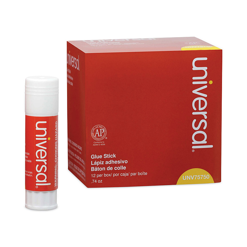 Universal Glue Stick, 0.74 oz, Applies and Dries Clear, 12/Pack (UNV75750)