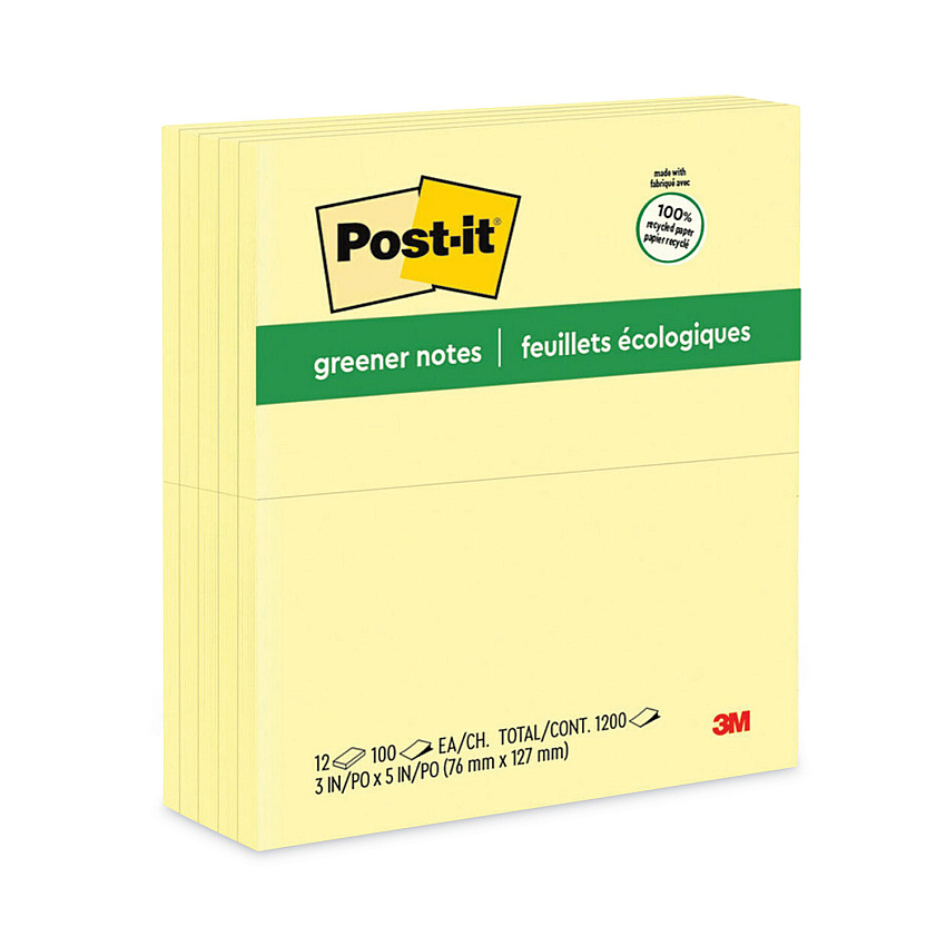 Post-it Original Recycled Note Pads, 3" x 5", Canary Yellow, 100 Sheets/Pad, 12 Pads/Pack (655RPYW)
