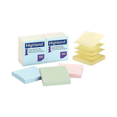 Highland Self-Stick Accordion-Style Notes, 3" x 3", Assorted Pastel Colors, 100 Sheets/Pad, 12 Pads/Pack (6549PUA)