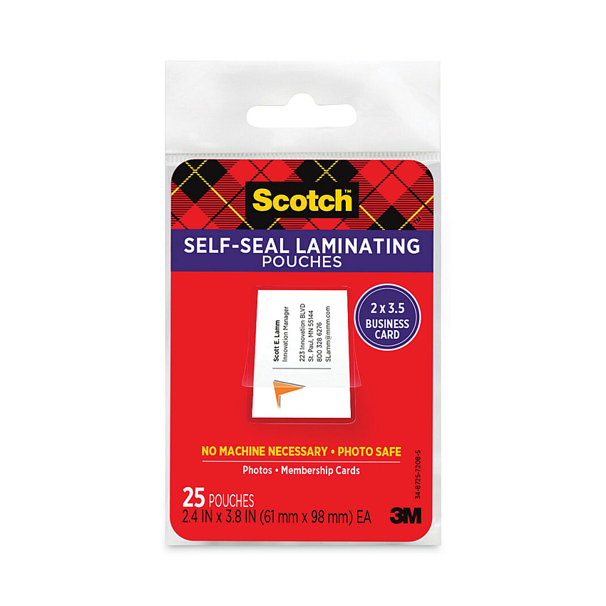 Scotch Self-Sealing Laminating Pouches, 9.5 mil, 3.88" x 2.44", Gloss Clear, 25/Pack (LS851G)