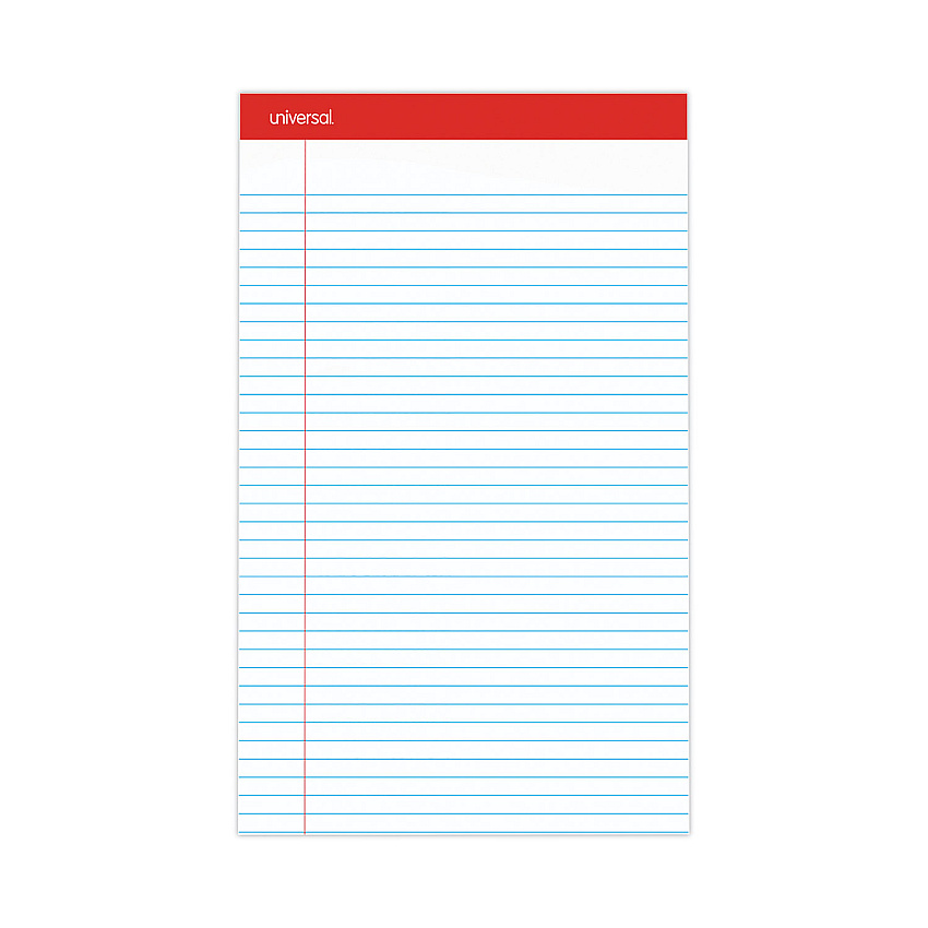 Universal Perforated Ruled Writing Pads, Wide/Legal Rule, Red Headband, 50 White 8.5 x 14 Sheets, Dozen (UNV45000)