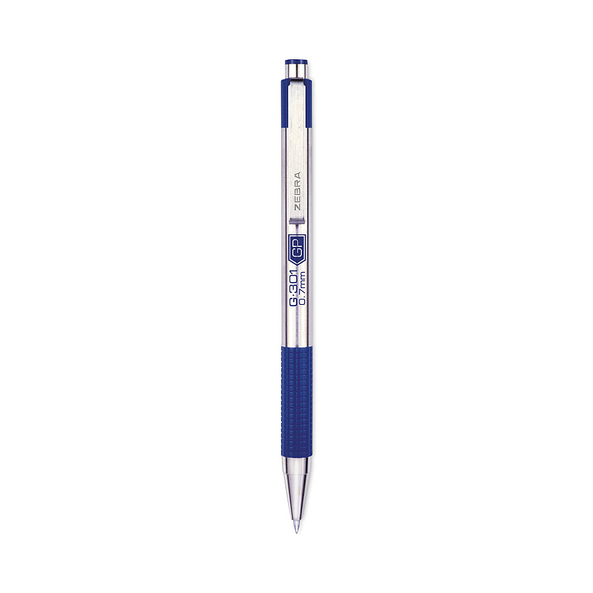 Zebra G-301 Gel Pen, Retractable, Medium 0.7 mm, Blue Ink, Stainless Steel/Blue Barrel, 2/Pack (41322)