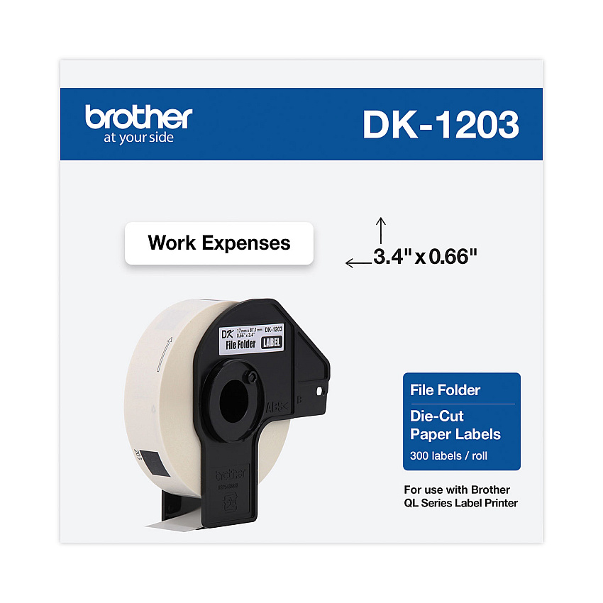 Brother Die-Cut File Folder Labels, 0.66" x 3.4", White, 300 Labels/Roll (DK1203)