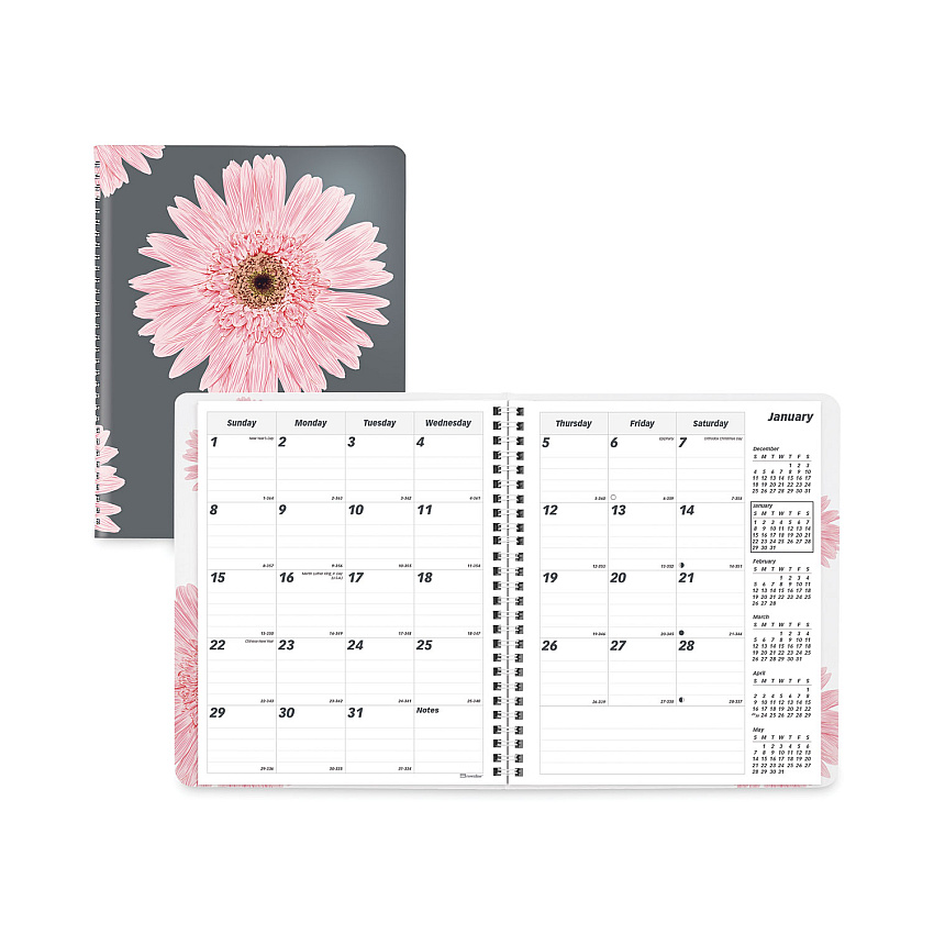 Brownline Essential Collection Ruled Monthly Planner, Pink Daisy Artwork, 8.88 x 7.13, Black/Pink Cover, 14-Month: Dec 2025 to Jan 2027 (CB1200G05)