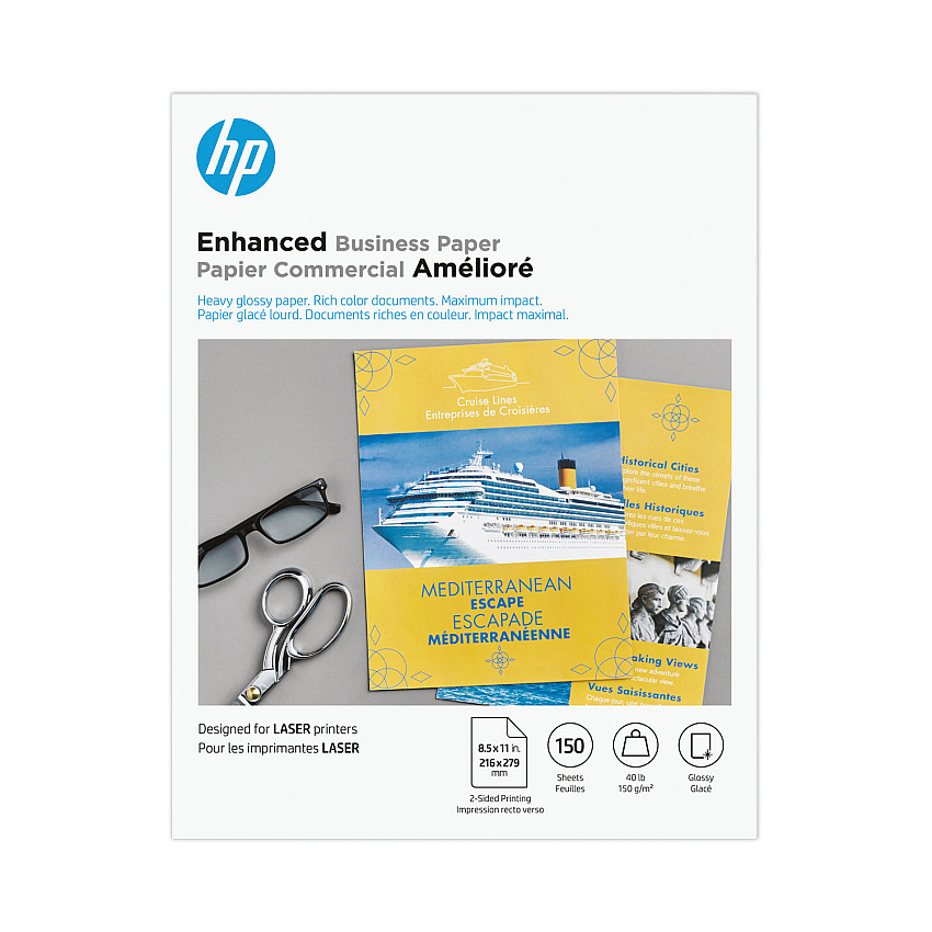 HP Color Laser Glossy Brochure Paper, 97 Bright, 40 lb Bond Weight, 8.5 x 11, White, 150/Pack (Q6611A)