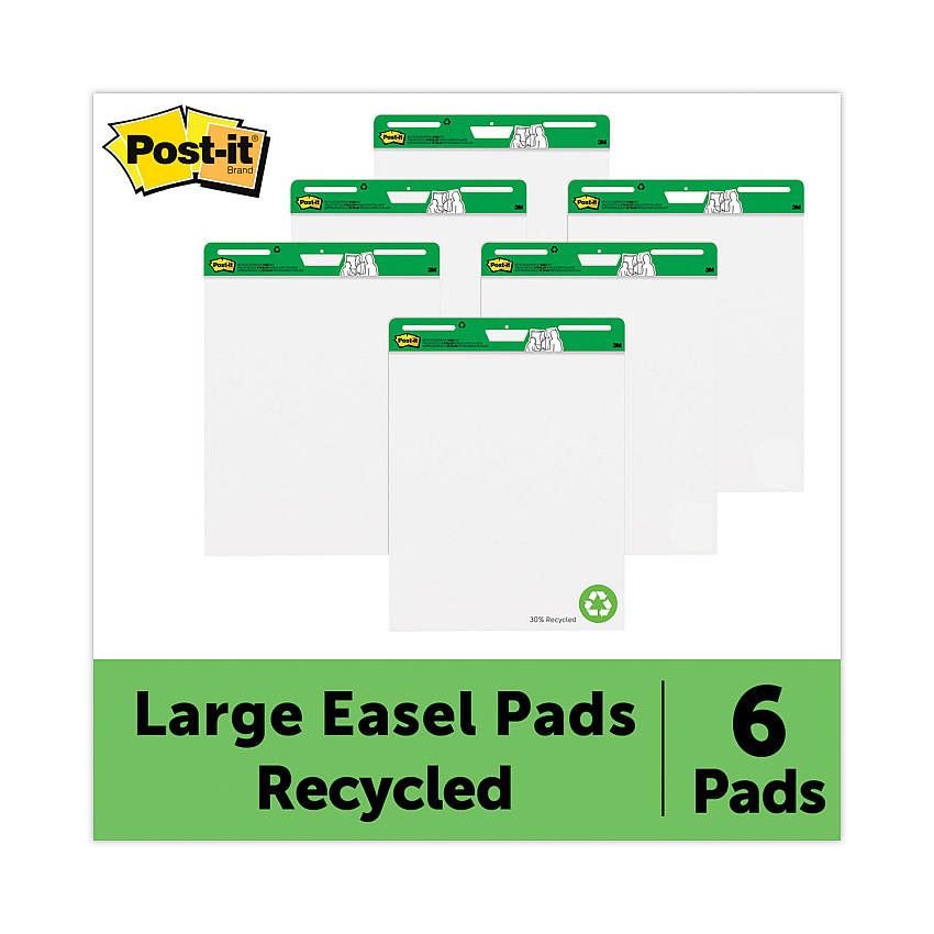 Post-it Vertical-Orientation Self-Stick Easel Pad Value Pack, Green Headband, Unruled, 25 x 30, White, 30 Sheets, 6/Carton (559RPVAD6)