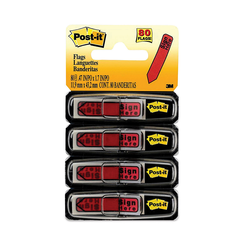Post-it Arrow Message 0.5" Page Flags in Dispenser, "Sign Here", Red, 20 Flags Dispenser, 4 Dispensers/Pack (684RDSH)