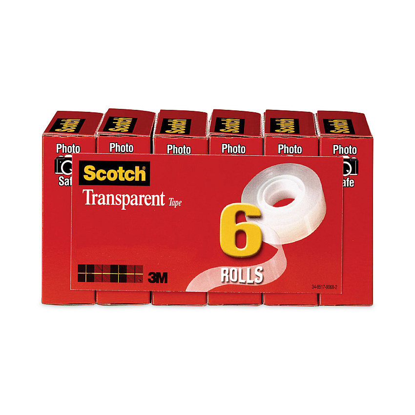 Scotch Transparent Tape, 1" Core, 0.75" x 36 yds, Transparent, 6/Pack (6006PK)