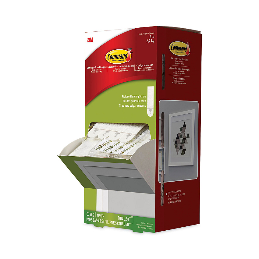 Command Picture Hanging Strips, Cabinet Pack, Removable, Holds Up to 6 lbs per Pair, 0.75 x 2.75, White, 4/Set, 50 Sets/Carton 3 lb (1.36 kg) Capacity - 0.6" Width x 2.8" Length - for Pictures, Decoration, Art, Pictures - White - 50 / Carton (17201CABPK)