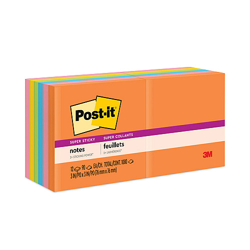 Post-it Pads in Energy Boost Collection Colors, 3" x 3", 90 Sheets/Pad, 12 Pads/Pack (65412SSUC)