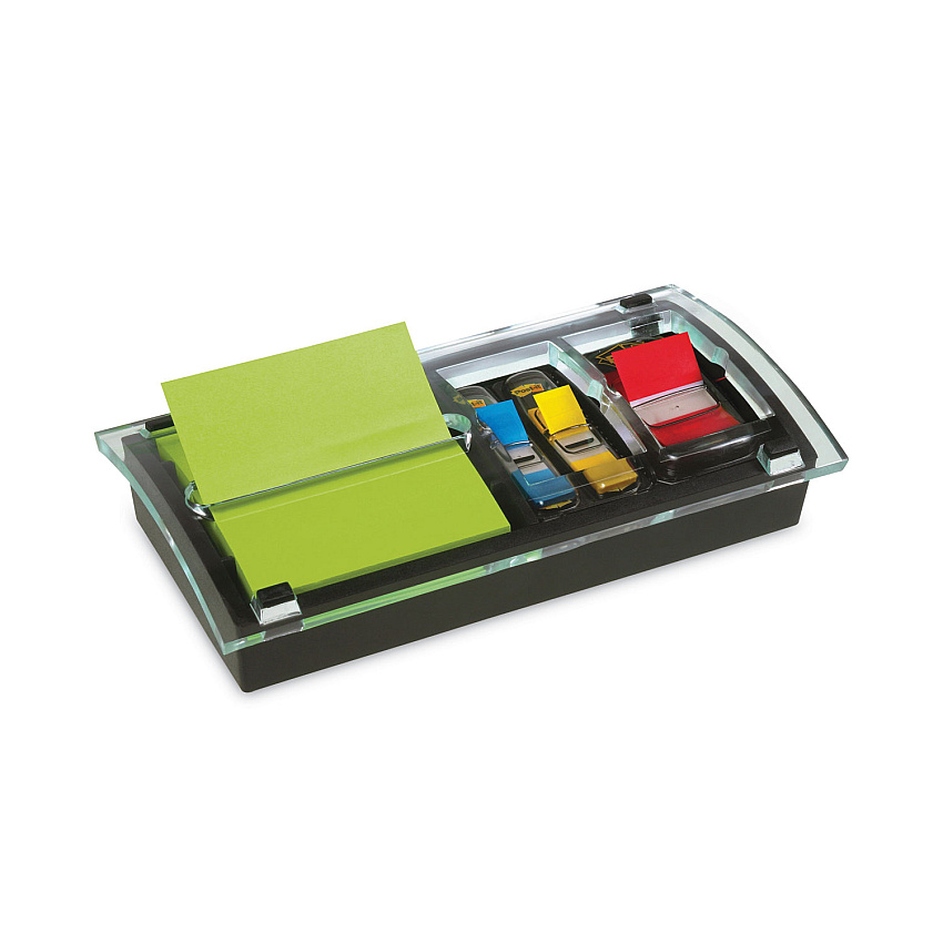 Post-it Note and Flag Dispenser, For 3 x 3 Pads, Black/Clear, Includes 45-Sheet Canary Super Sticky Pop-up Pad; (50) 1" Flags (DS100)