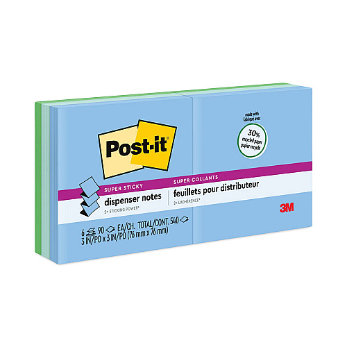 Post-it Recycled Pop-up Notes in Oasis Collection Colors, 3 x 3, 90 Sheets/Pad, 6 Pads/Pack (R3306SST)