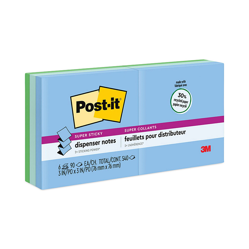 Post-it Recycled Pop-up Notes in Oasis Collection Colors, 3 x 3, 90 Sheets/Pad, 6 Pads/Pack (R3306SST)