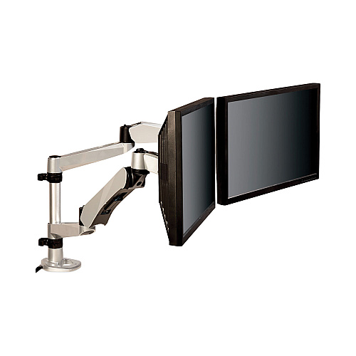 3M Easy-Adjust Desk Dual Arm Mount for 27" Monitors, 360 deg Rotation, +90/-15 deg Tilt, 360 deg Pan, Silver, Supports 20 lb (MA265S)