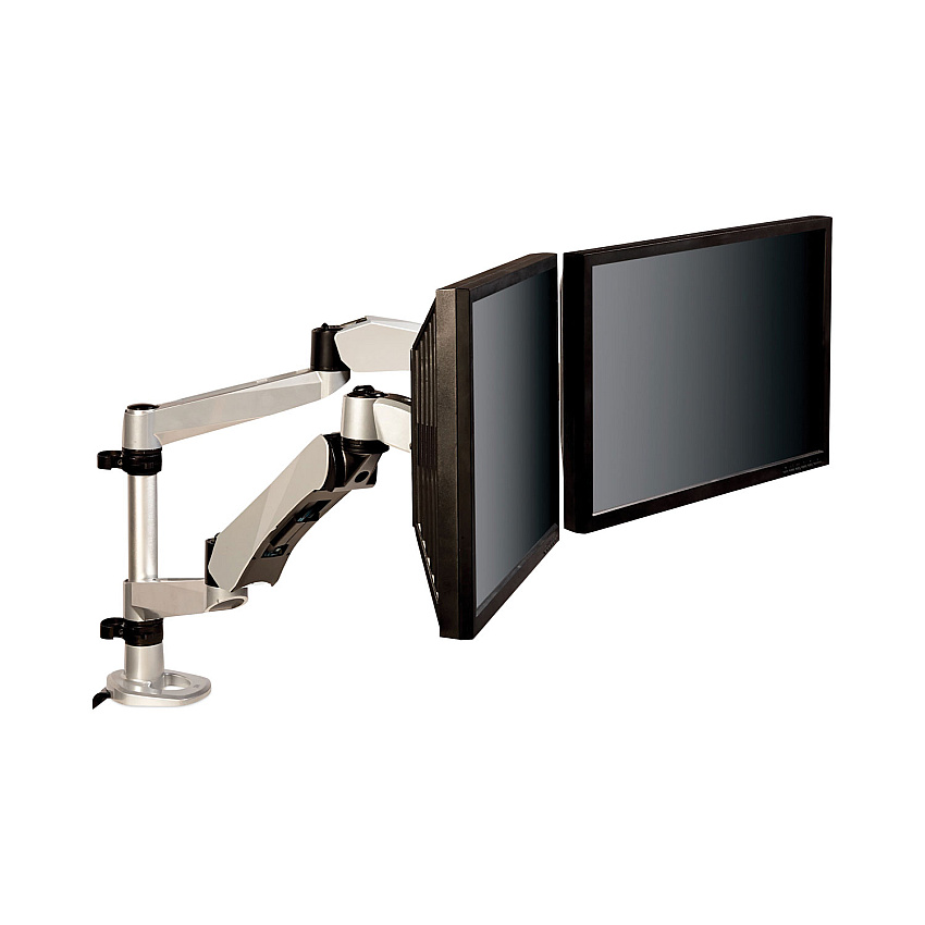 3M Easy-Adjust Desk Dual Arm Mount for 27" Monitors, 360 deg Rotation, +90/-15 deg Tilt, 360 deg Pan, Silver, Supports 20 lb (MA265S)