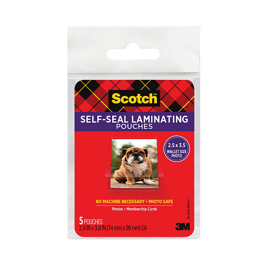 Scotch Self-Sealing Laminating Pouches, 9.5 mil, 2.81" x 3.75", Gloss Clear, 5/Pack (PL903G)
