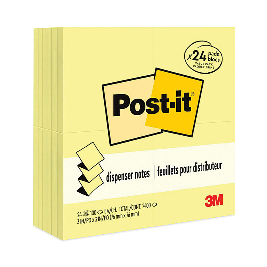Post-it Original Canary Yellow Pop-up Refill Value Pack, 3" x 3", Canary Yellow, 100 Sheets/Pad, 24 Pads/Pack (R33024VAD)