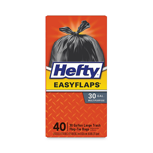 Hefty Easy Flaps Trash Bags, Tie-Flap, 30 gal, 1.05 mil, 30" x 33", Black, 40/Box (E27744)