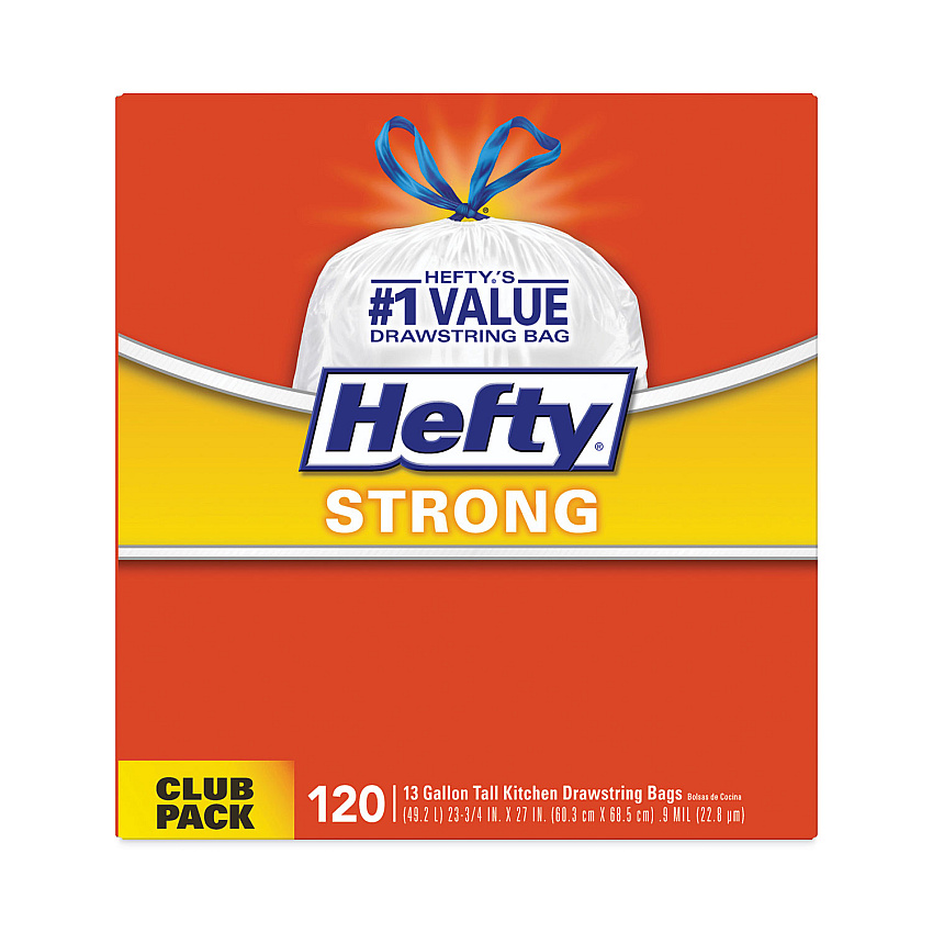 Hefty Strong Tall Kitchen Drawstring Bags, 13 gal, 24" x 27.75", White, 120/Box (E84562)