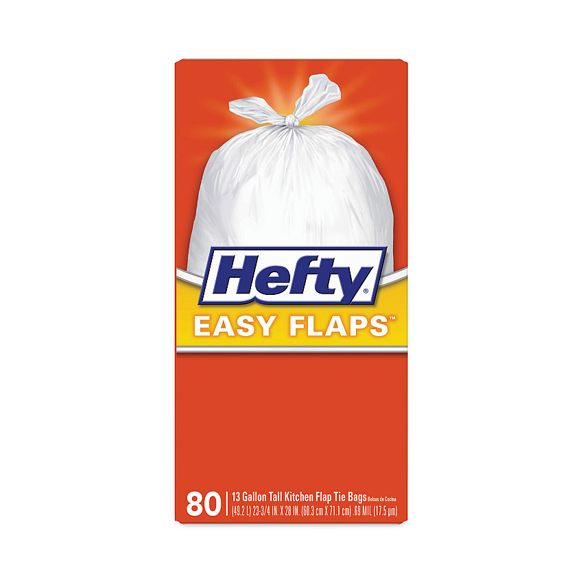 Hefty Easy Flaps Trash Bags, Tie-Flap, 13 gal, 23.75" x 28", White, 80/Box (E84563)
