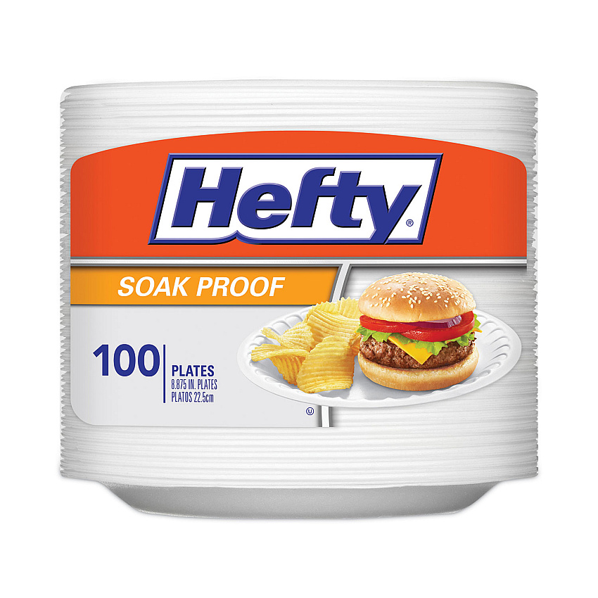 Hefty Soak Proof Tableware, Foam Plates, 8.88" dia, White, 100/Pack (D28100CT)