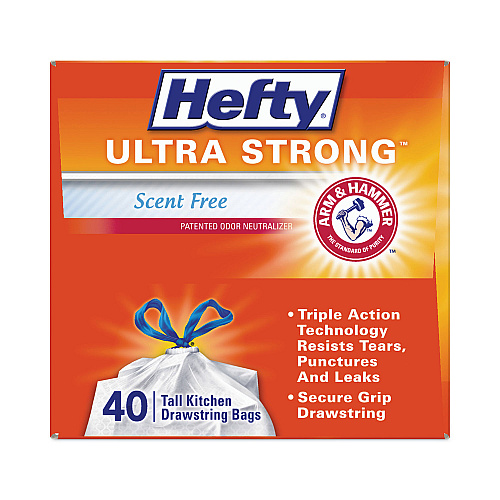 Hefty Extra Heavy-Duty Ultra Strong Tall Kitchen Trash Bags, Drawstring, 13 gal, 23.75" x 24.88", White, 40 Bags/Box, 6 Boxes/CT (E88338CT)