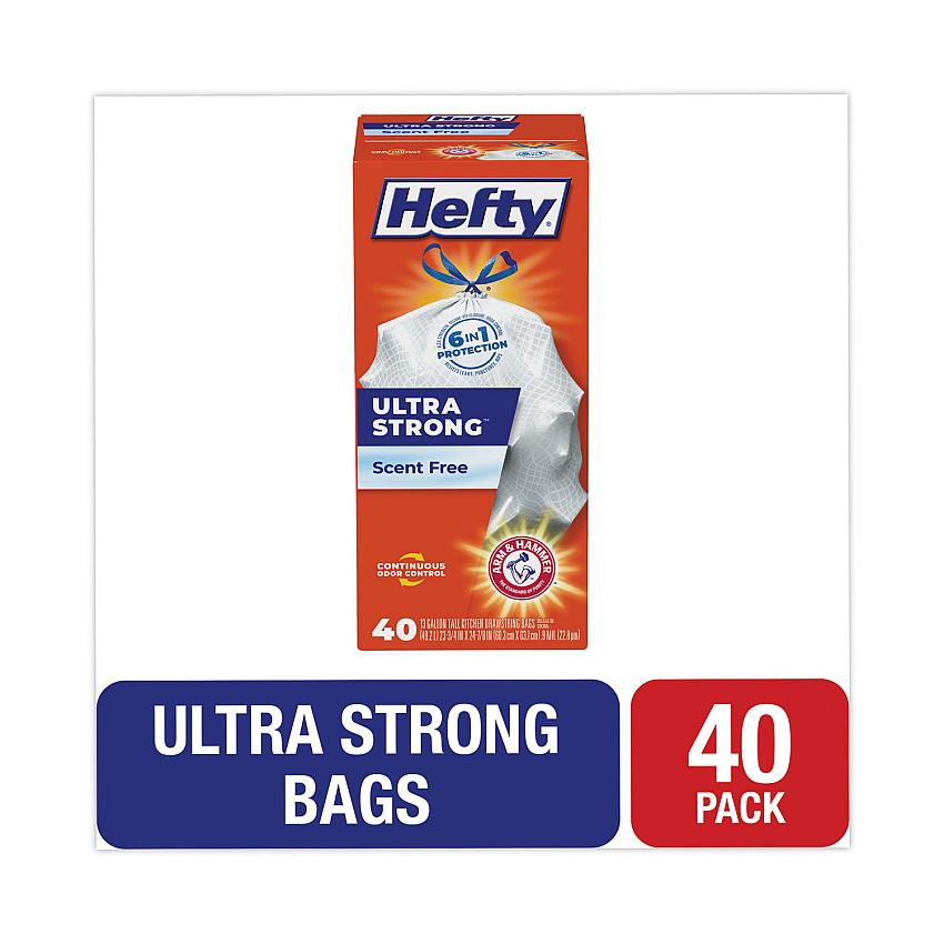 Hefty Extra Heavy-Duty Ultra Strong Tall Kitchen Trash Bags, Drawstring, 13 gal, 23.75" x 24.88", White, 40/Box (E88338)