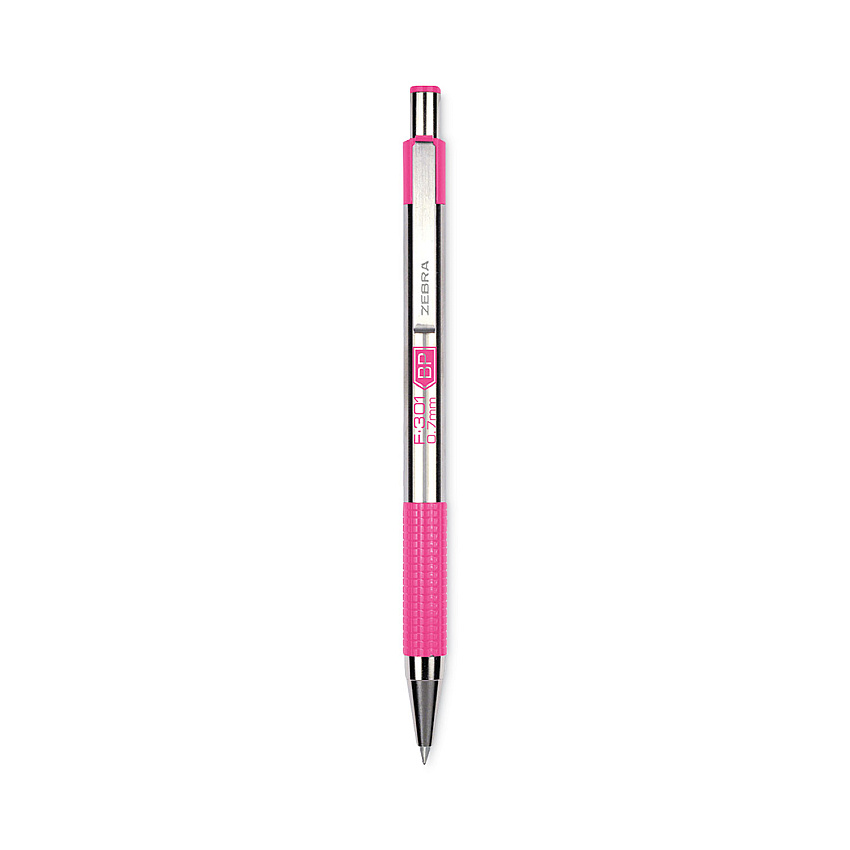Zebra F-301 Ballpoint Pen, Retractable, Fine 0.7 mm, Black Ink, Stainless Steel/Pink Barrel (37111)