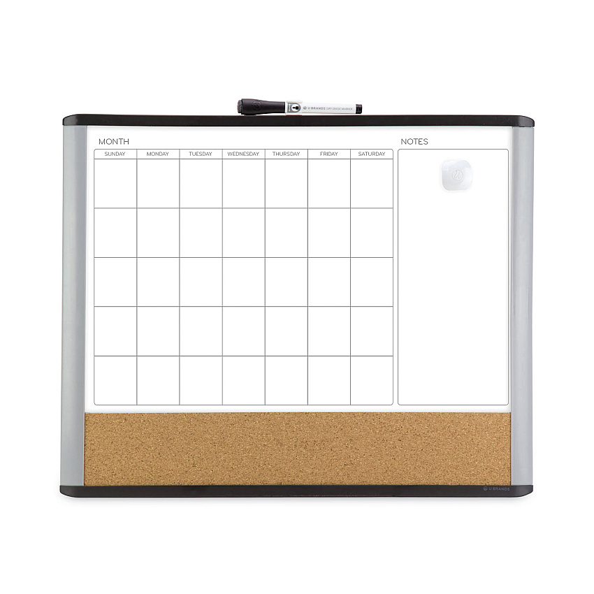 U Brands 3N1 Magnetic Mod Dry Erase Board, Monthly Calendar, 20 x 16, White Surface, Gray/Black Plastic Frame (388U0001)