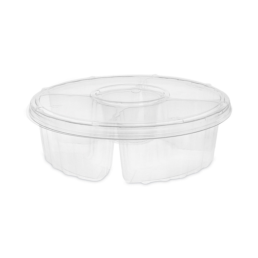 Pactiv Dip Cup Platter, 4-Compartment, 64 oz, 10" Diameter, Clear, Plastic, 100/Carton (1064DP4CLRL)